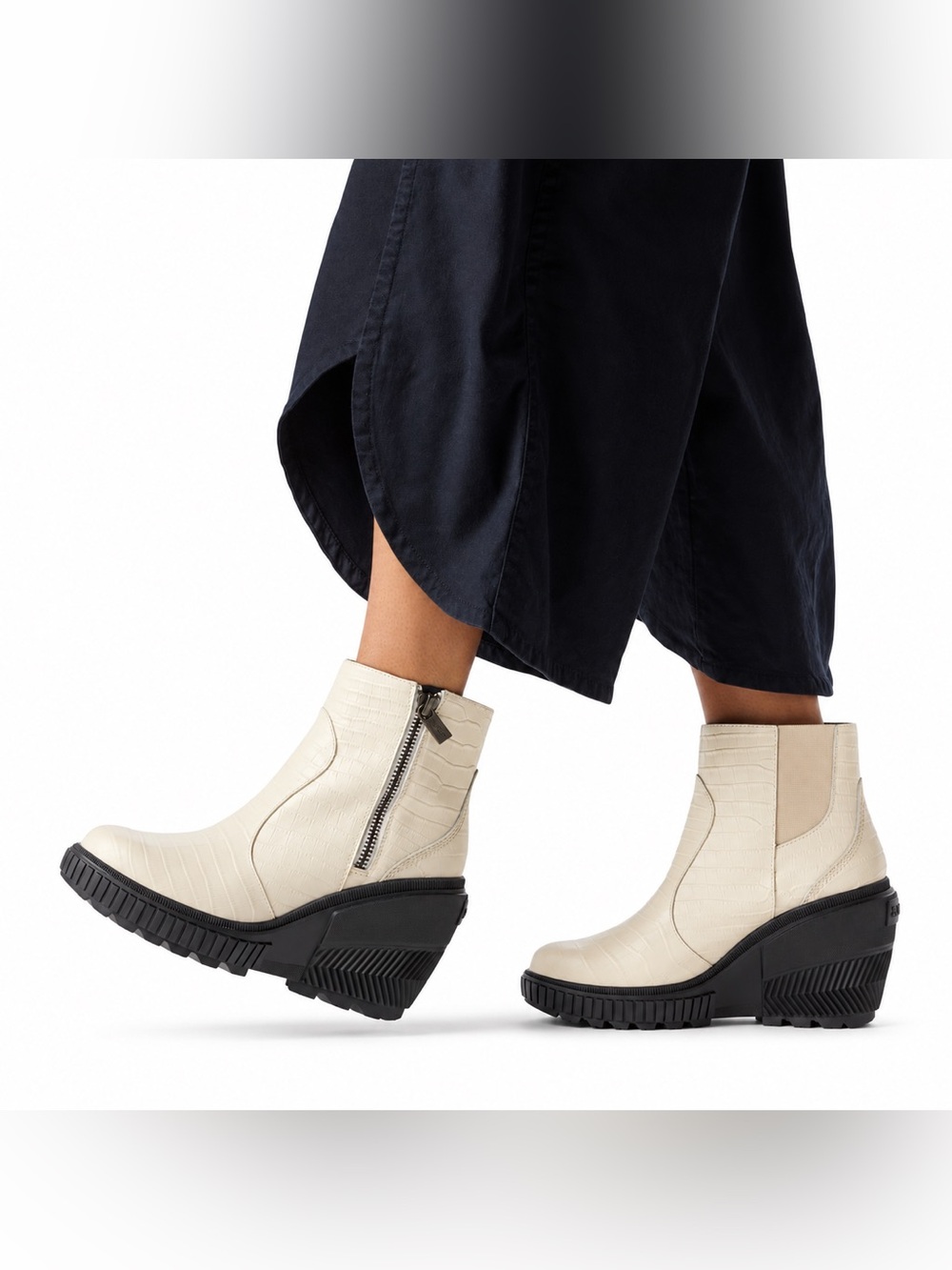 Sorel Ona Ave Zip Women's Cream Croc-Embossed Zip Ankle Boot - Picture 2 of 7